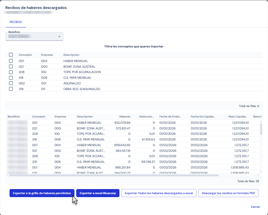 Haberes percibidos descargados