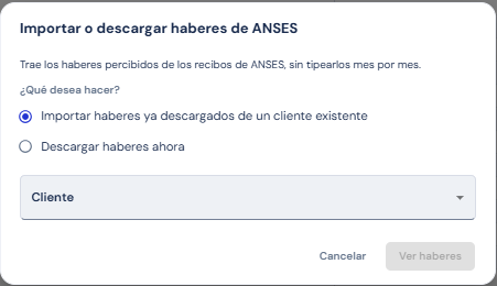 Haberes percibidos - importar desde cliente existente