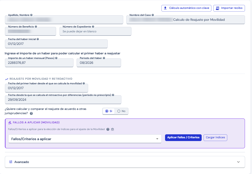 Reajuste por movilidad - formulario del caso